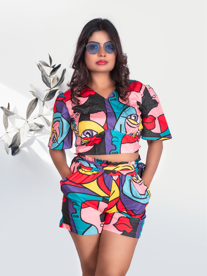 Women's Abstract Printed Butterfly Sleeve Tie Back Crop Top & Shorts